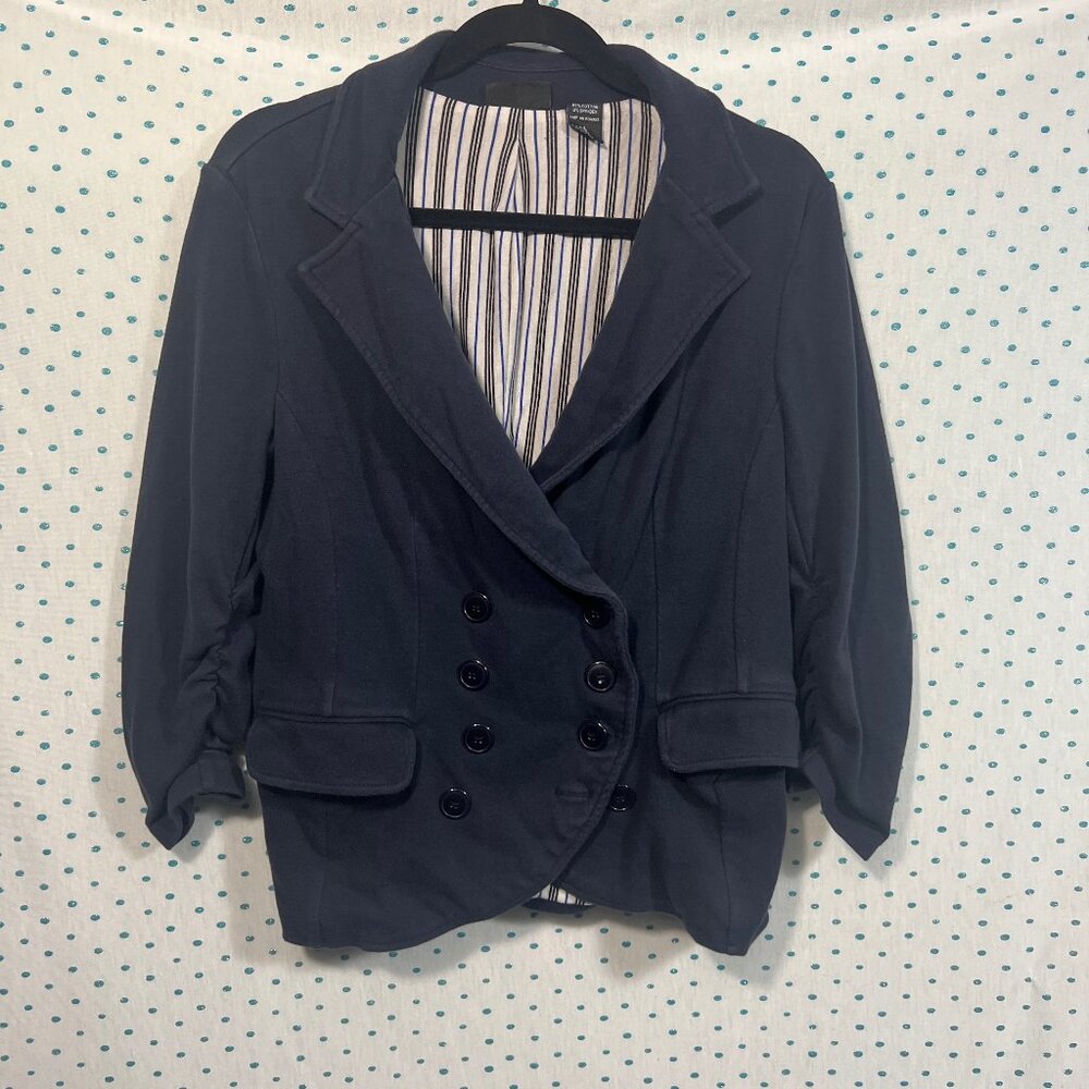 New York & Company Navy Blue V-Neck Button Up Blazer